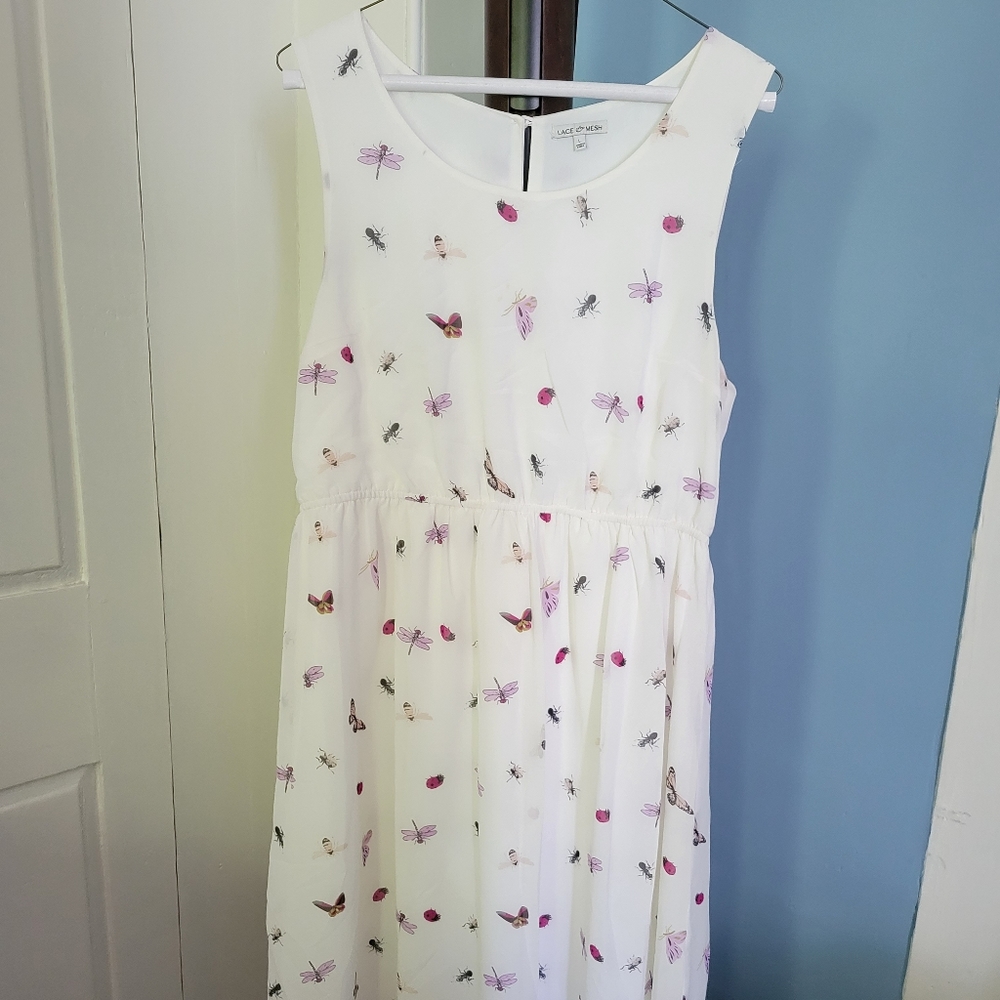 Model h White Midi Dress with Insect Print